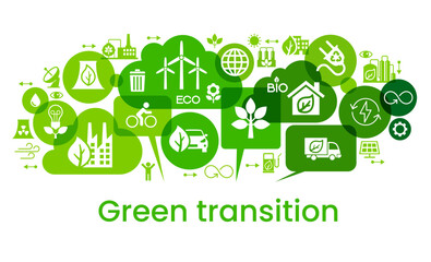Alternative clean energy. Transition to environmentally friendly world concept.  Ecology infographic. Green power production. Transition to renewable alternative energy. - obrazy, fototapety, plakaty