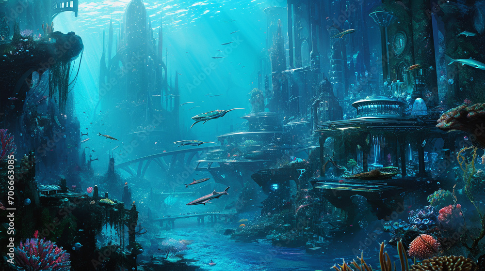 Wall mural underwater city, vibrant with exotic marine life and corals, ai generated