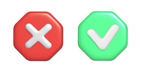 3d rendering of green check and red cross. Vector illustration of right and wrong button.
