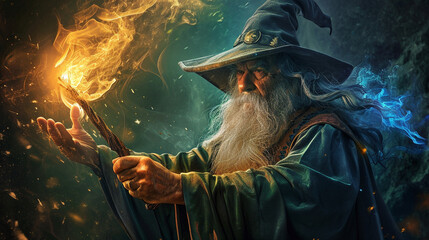 Old wizard casting colorful spell from his wand, AI Generated - obrazy, fototapety, plakaty