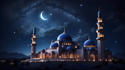Blue color mosque at night Ai Generated - obrazy, fototapety, plakaty