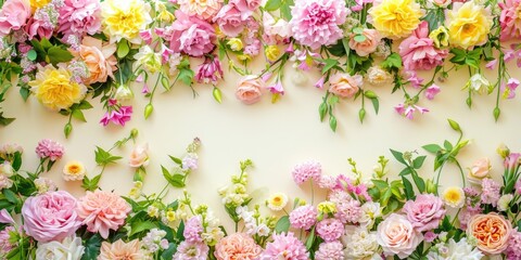 Vibrant Assortment of Fresh Spring Flowers Over Pastel Background