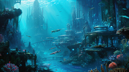Underwater city, Vibrant with exotic marine life and corals, AI Generated