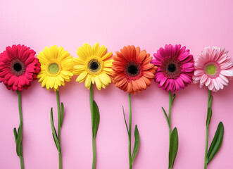 Colorful Gerbera Daisies Lined Up on Pink Background