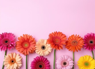Row of Colorful Gerbera Daisies with Pastel Pink Backdrop