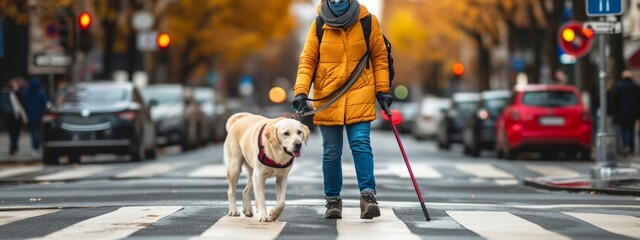 Dog blind guide service person disabled impaired help labrador eye sight man visual animal.  Pet dog guide people blind worker stick rescue day road woman special senses cross helper street cane walk - obrazy, fototapety, plakaty