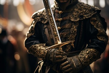 Fearsome Medieval warrior with sword weapon. Historical armor competition. Generate Ai