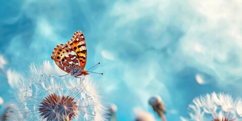 Majestic Butterfly Resting on a Dandelion Against a Dreamy Blue Background