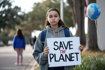 Teenager holding a sign that says "save the planet"