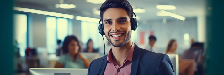 Smiling Latina man with headphones and microphone in a call center, banner