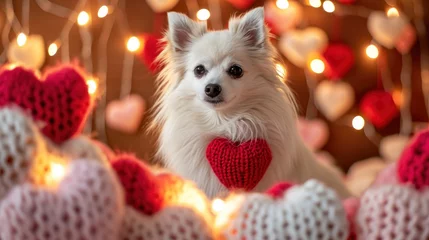 Tuinposter A Fluffy white dog surrounded by knitted red and pink hearts decorations. Valentine’s day. Dag day concept. © People