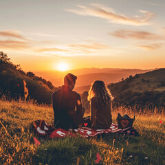 A couple celebrating Valentine's Day outdoors, sharing an adventurous hike or scenic picnic amidst natural beauty, enhanced by romantic touches like heart-patterned blankets or picnic baskets.