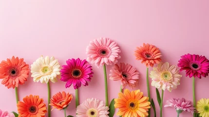  Colorful Gerbera Flowers Arranged in a Row on Pink Background © romanets_v
