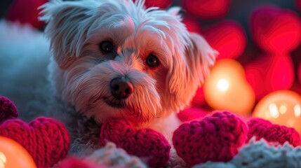 A Fluffy white dog surrounded by knitted red and pink hearts decorations. Valentine’s day. Dag day concept.