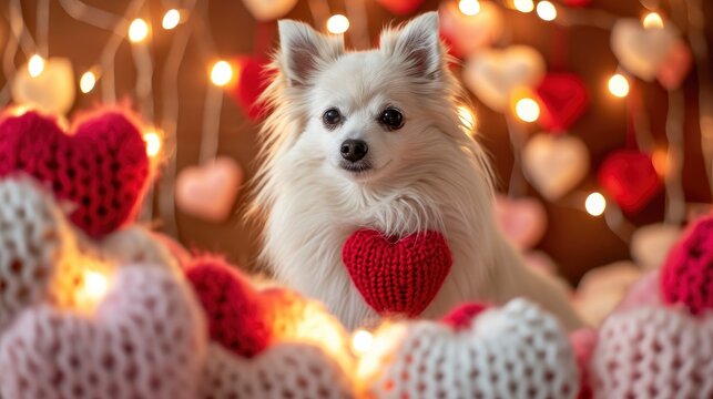 A Fluffy white dog surrounded by knitted red and pink hearts decorations. Valentine’s day. Dag day concept.