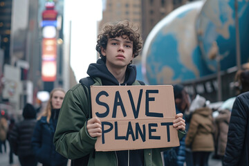 Teenager holding a sign that says "save the planet"