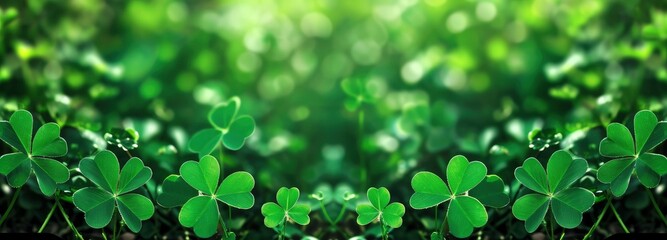 Fototapeta na wymiar Green background with three-leaved shamrocks, Lucky Irish Four Leaf Clover in the Field for St. Patricks Day holiday symbol