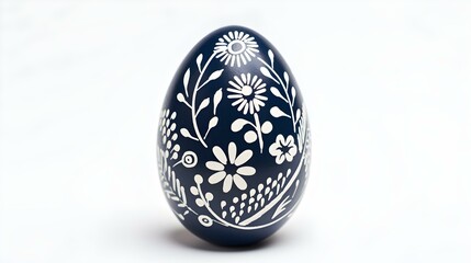 Hand Painted Easter Egg in navy blue Colors on a white Background. Elegant Easter Template with Copy Space