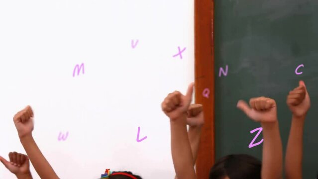 Animation of letters over diverse schoolchildren raising hands school