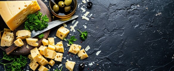Artisan Cheese Assortment with Olives and Herbs on Rustic Dark Background - Powered by Adobe
