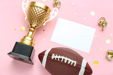Blank card with gold cup, rugby ball and confetti on pink background