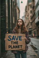 Teenager holding a sign that says "save the planet"