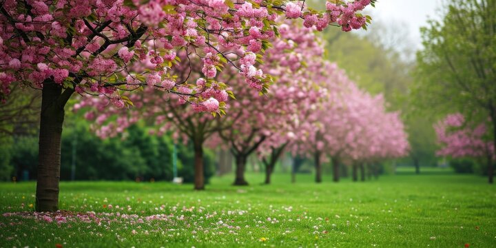 Blossoming Pink Cherry Trees Lining a Grassy Park Avenue
