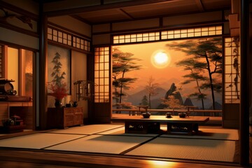Peaceful Traditional Japanese decorated room. Oriental furnished indoor house with traditional...