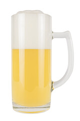 Light beer with a foamy head in a glass mug
