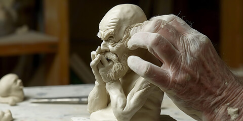 Uma fotografia macro das mãos de um artista esculpindo meticulosamente uma obra-prima de argila em miniatura, mostrando precisão e habilidade artesanal - obrazy, fototapety, plakaty