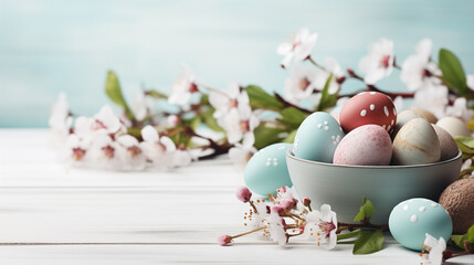 Easter eggs and flowers on blue wooden background  - 706665085