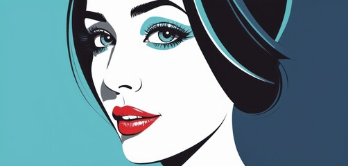 a painting of a woman's face with blue eyes and black hair, with a red lip and blue eyeshadow.