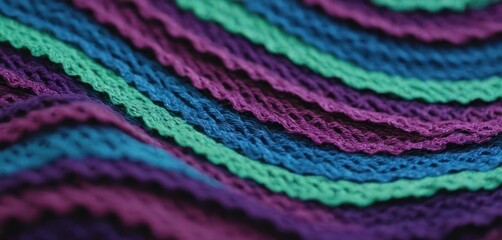  a close up of a crocheted blanket that is multicolored and has wavy strips of yarn on it.