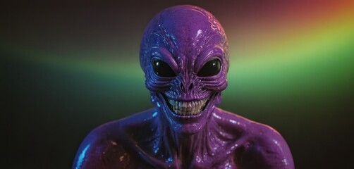  a close up of a purple alien with black eyes and a smile on it's face, with a rainbow light in the background.