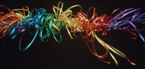  a group of multicolored streamers of various sizes and colors on a black background with a black background.
