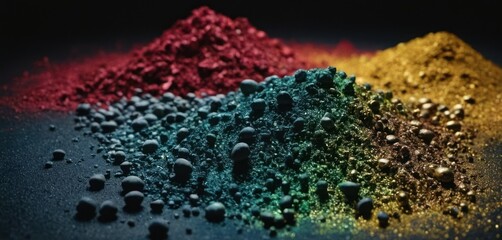  a pile of colored sand sitting next to each other on a black surface with a red, yellow, green, and blue substance in the middle.