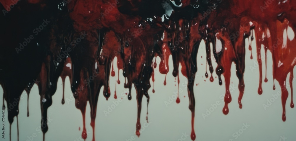 Poster  blood dripping down the side of a white wall with a black and red paint driping down the side of the wall.