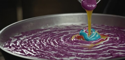  a spoon in a pan filled with purple and white liquid with a blue and yellow spoon sticking out of it.
