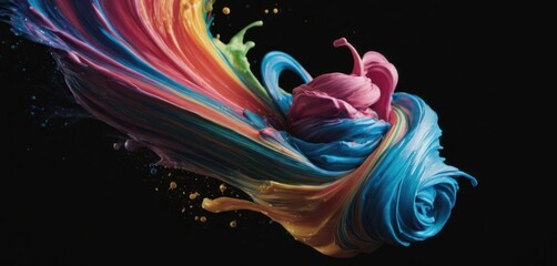  a close up of a multicolored object in the air with water splashing on it's side.