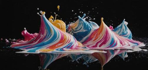  a group of colorful swirls splashing into a body of water on a black background with a reflection in the water.