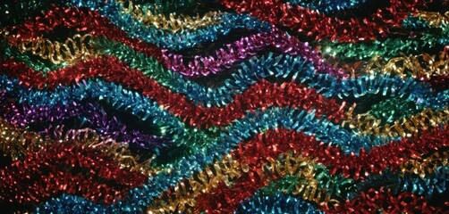  a close up view of a multicolored crochet pattern on a piece of cloth with a black background.