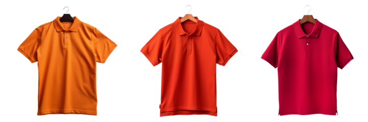 A set of multi-colored T-shirts hanging on hangers on a white or transparent background. Modern orange, red t-shirt mockup, front view. Fashionable templates for branding, space for design