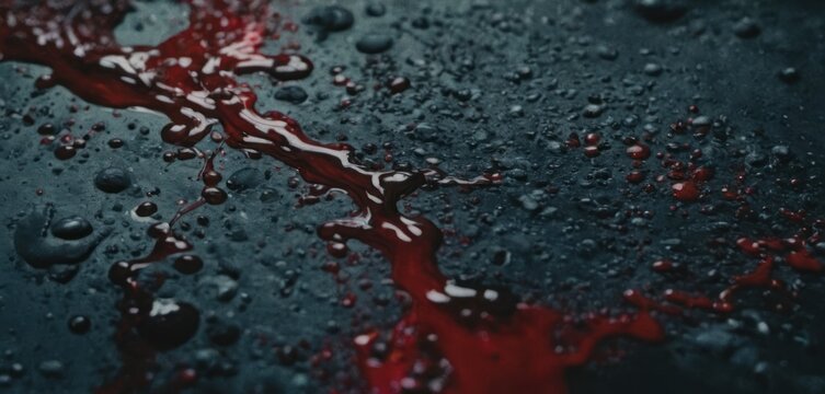  a close up of red and black liquid on a black surface with drops of water on the bottom of the image.