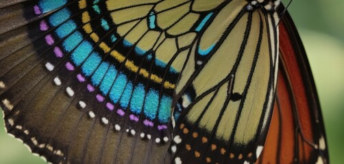  a close up of a butterfly's wing with a blurry background of the wing and wingtips.