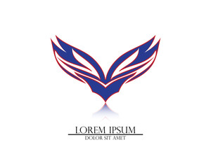 vector design of a symbol or emblem or logo that is shaped like a dark blue wing with a red line on the edge and text written below it