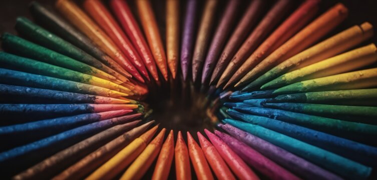  a group of multicolored pencils arranged in the shape of a rainbow in the center of the image.