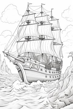 Beautiful sailing ship boat drawing coloring pages image AI Generated Image