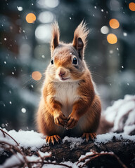 Full body portrait of small red squirrel in snowy forest on tree and blurred background - obrazy, fototapety, plakaty