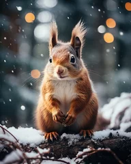 Behangcirkel Full body portrait of small red squirrel in snowy forest on tree and blurred background © Balica