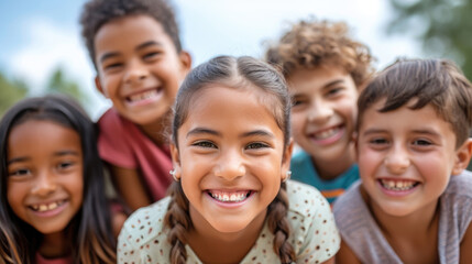 Fototapeta premium An uplifting portrait featuring a multicultural group of children, radiating joy and happiness while enjoying outdoor fun and activities together.Diversity Conecpt